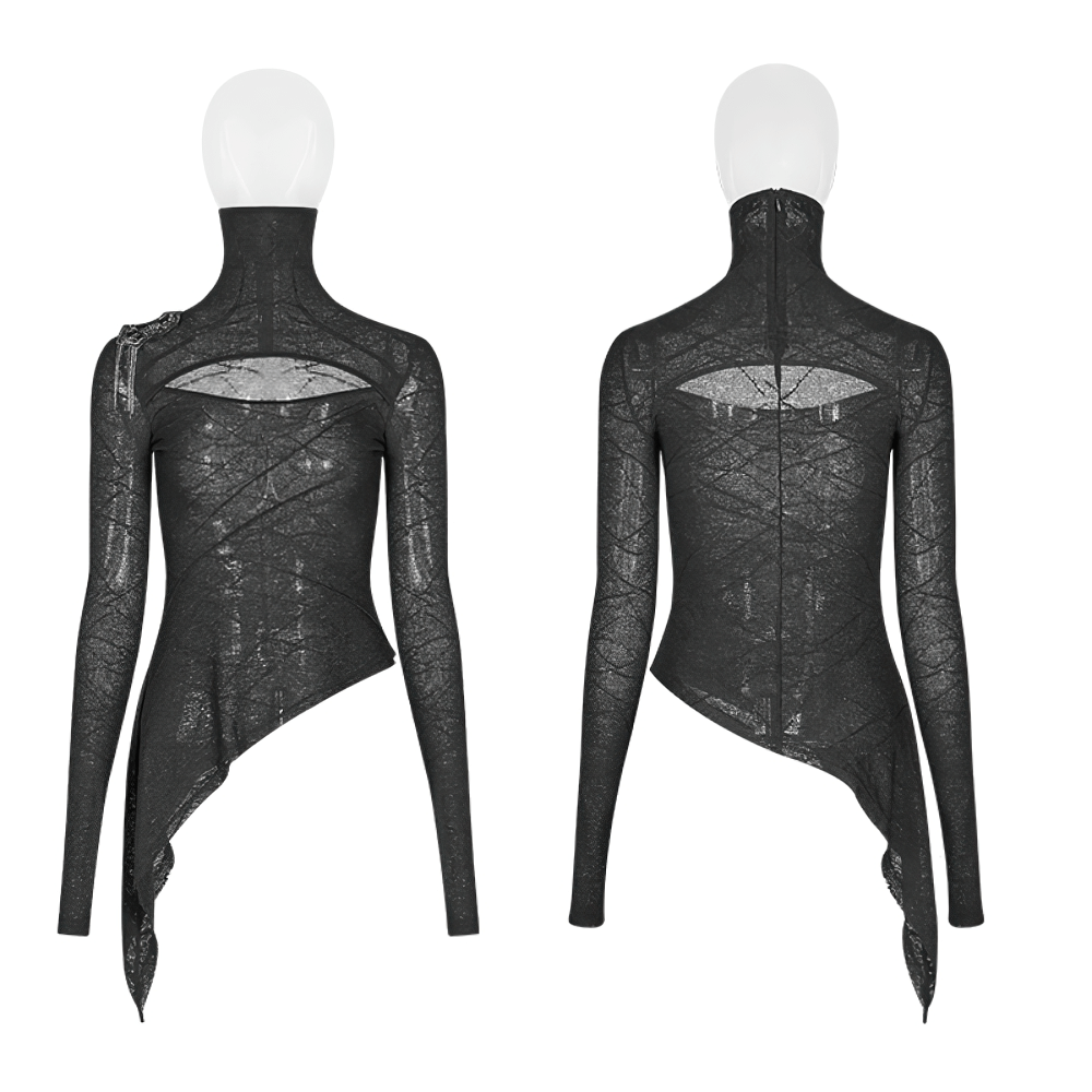 Stylish black lace halter top with cutout detailing, featuring a unique asymmetrical design.