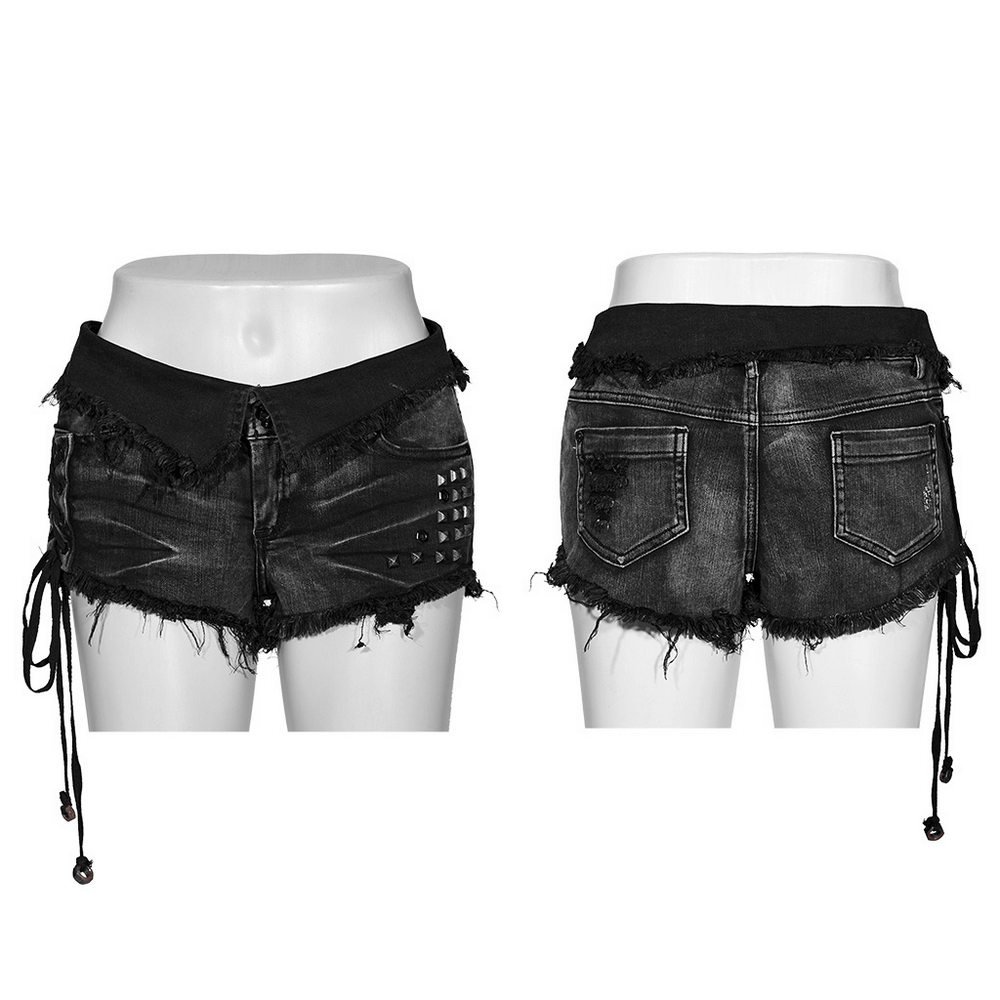 Stylish black lace-up side detail denim shorts with rivets and raw-edged design, perfect for a punk rock look.