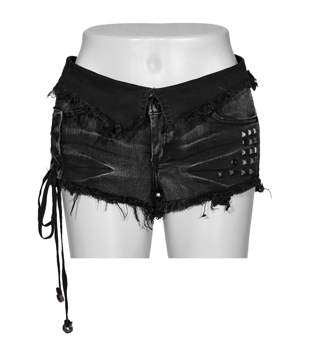 Stylish black lace-up denim shorts with rivet details, grunge finish, and playful drawstrings on one side.