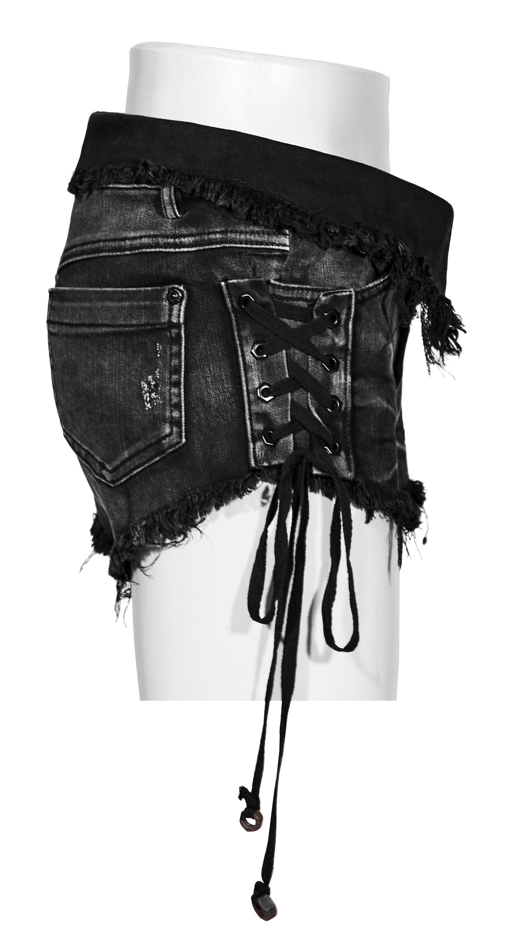 Stylish black lace-up side detail denim shorts with rivets and raw edges for a punk look.