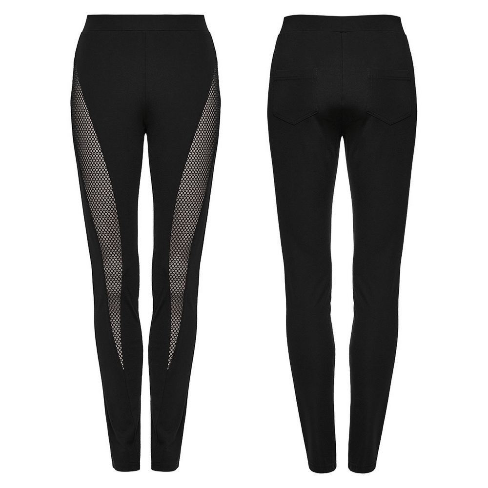 Stylish black leggings for women featuring mesh side panels, perfect for a punk minimalist look.