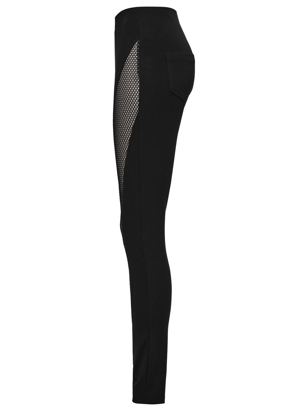 Stylish black leggings with chic mesh side panels for women, featuring a sleek silhouette and elastic knitted fabric.