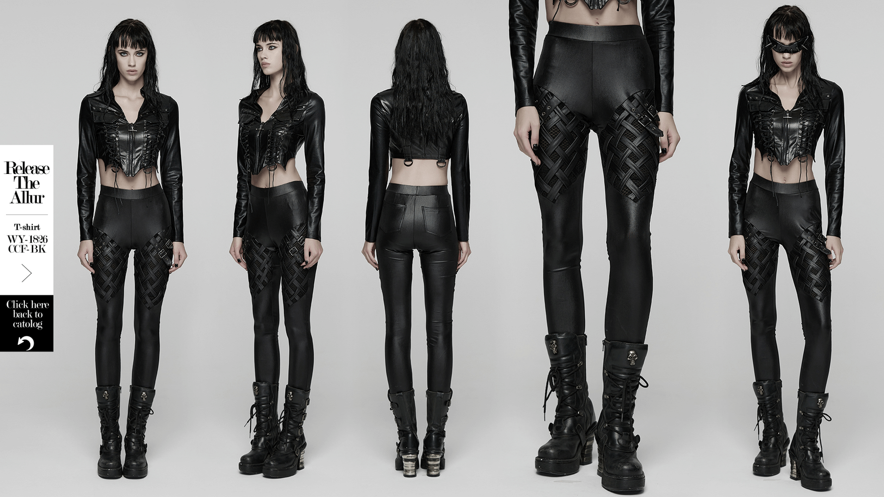 Stylish Black Leggings with Woven Cross and Buckle Detail showcasing punk style and glossy mesh panels.