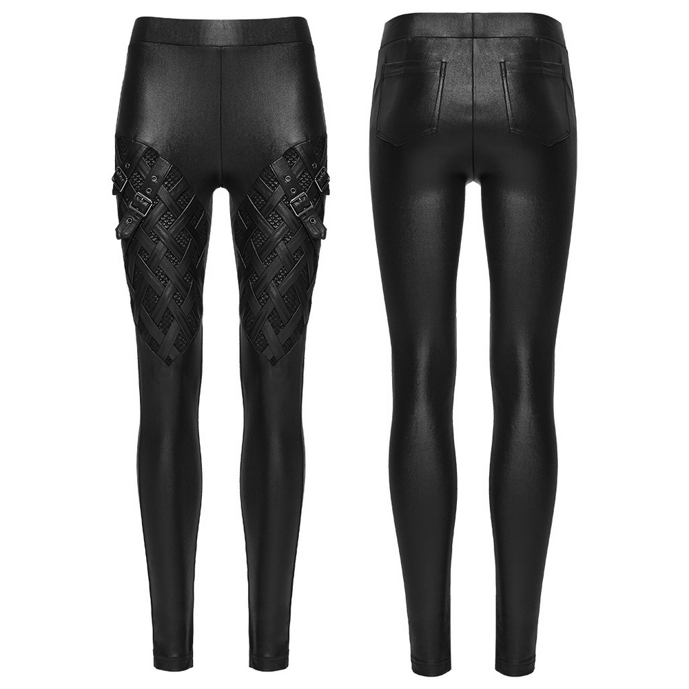 Stylish Black Leggings with Woven Cross and Buckle Detail featuring glossy mesh panels and punk-inspired design.