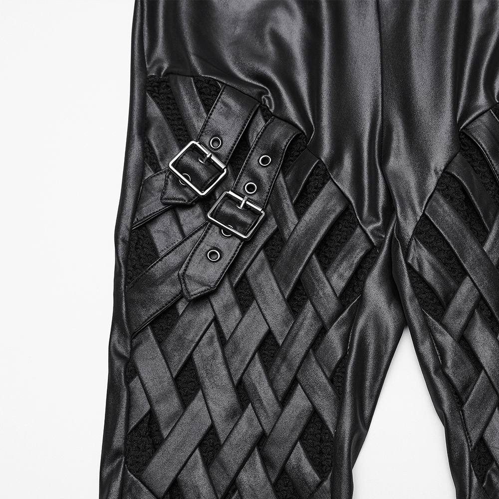 Stylish Black Leggings with Woven Cross and Buckle Detail featuring glossy mesh panels and intricate woven-cross design.