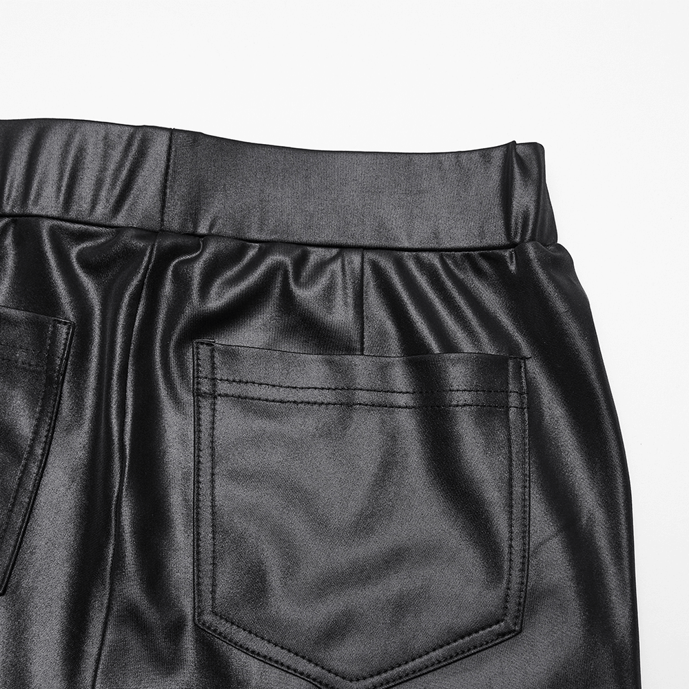 Stylish Black Leggings with Woven Cross and Buckle Detail back view featuring glossy fabric and sleek waistband.