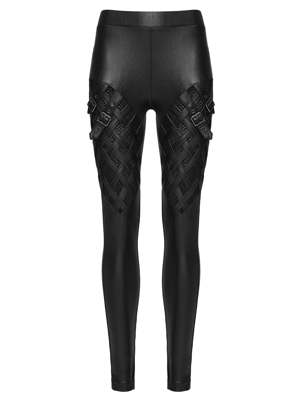 Stylish Black Leggings with Woven Cross and Buckle Detail showcasing unique woven detail and buckles on the sides.