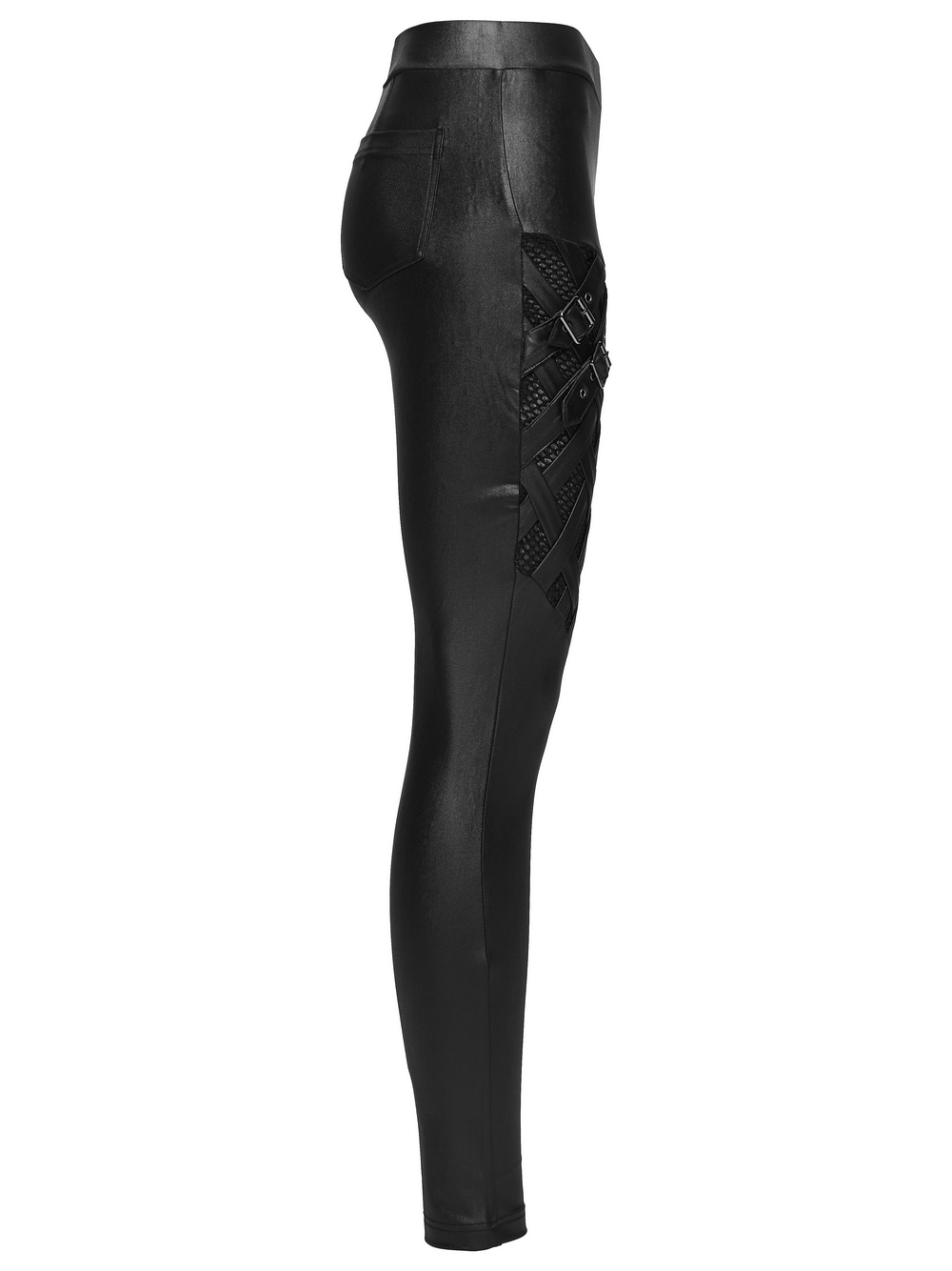 Stylish Black Leggings with Woven Cross and Buckle Detail side view showcasing glossy finish and intricate details.