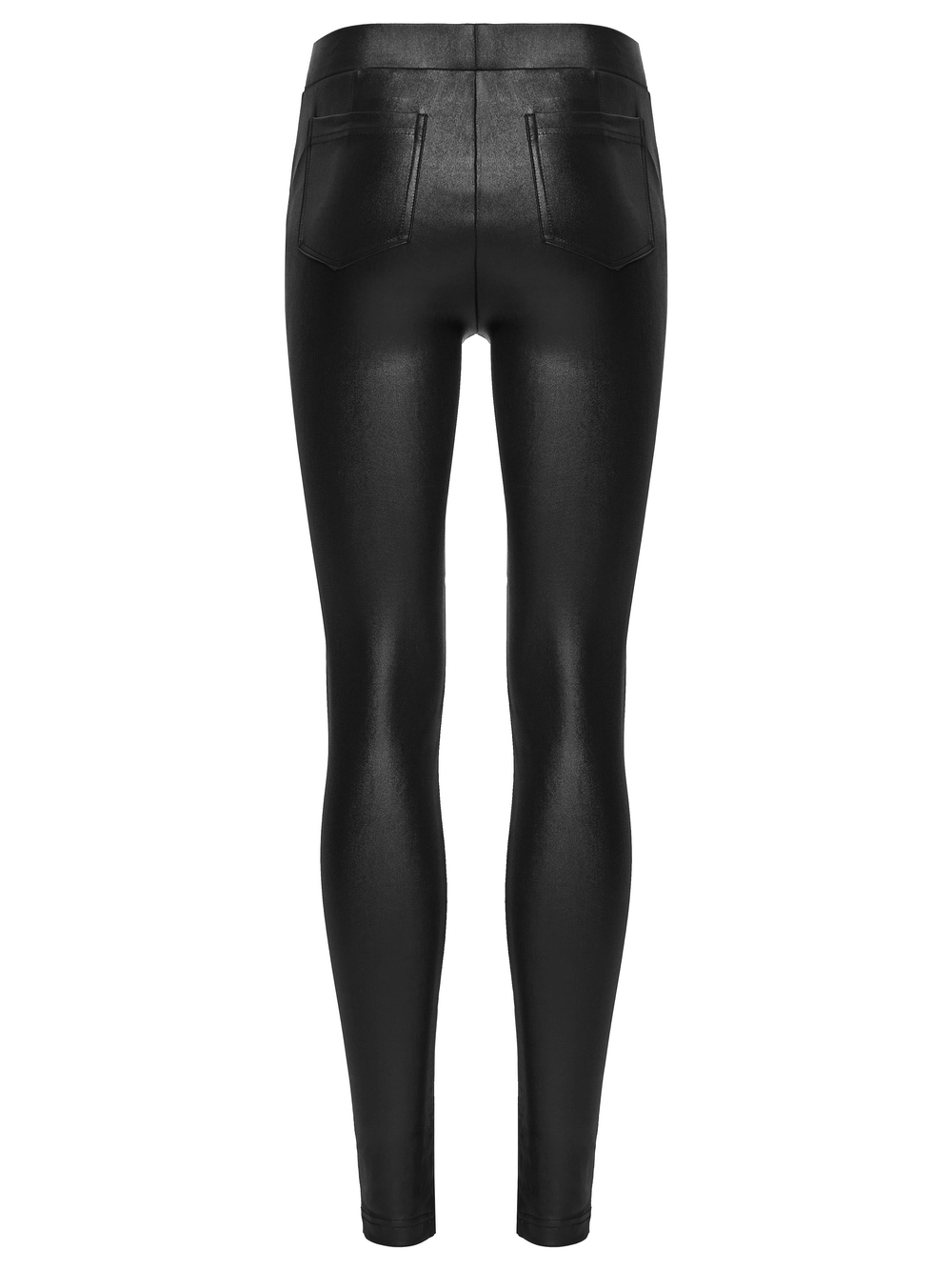 Stylish Black Leggings with Woven Cross and Buckle Detail - back view of glossy black leggings with pockets.