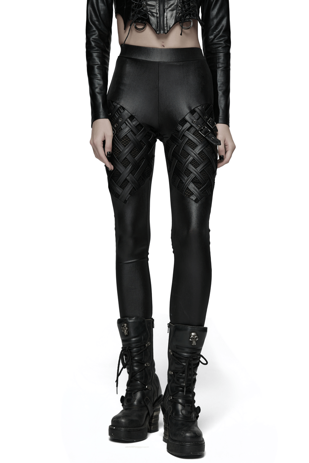 Stylish Black Leggings with Woven Cross and Buckle Detail featuring glossy mesh panels and punk-inspired design.