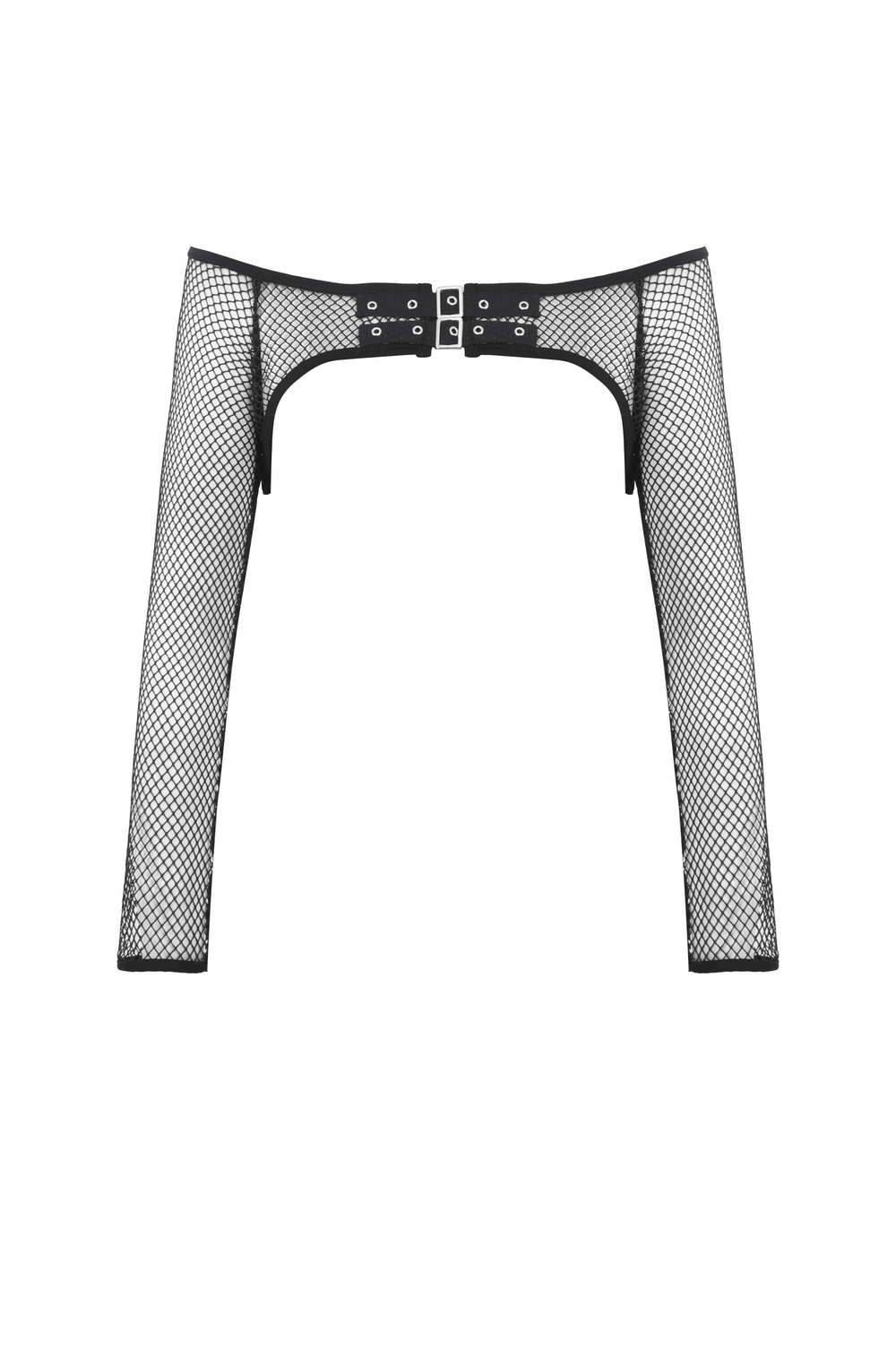 Stylish black fishnet sleeves top featuring bold buckles for a trendy and edgy look, perfect for layering or making a statement.