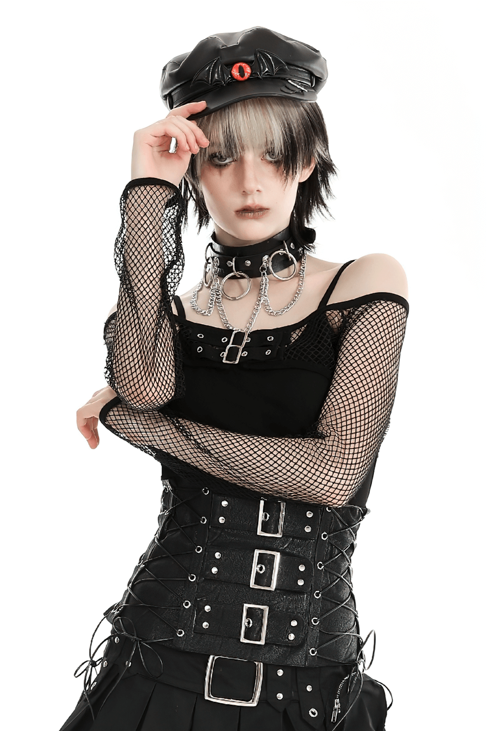 Stylish Black Long Sleeved Fishnet Top with Buckles