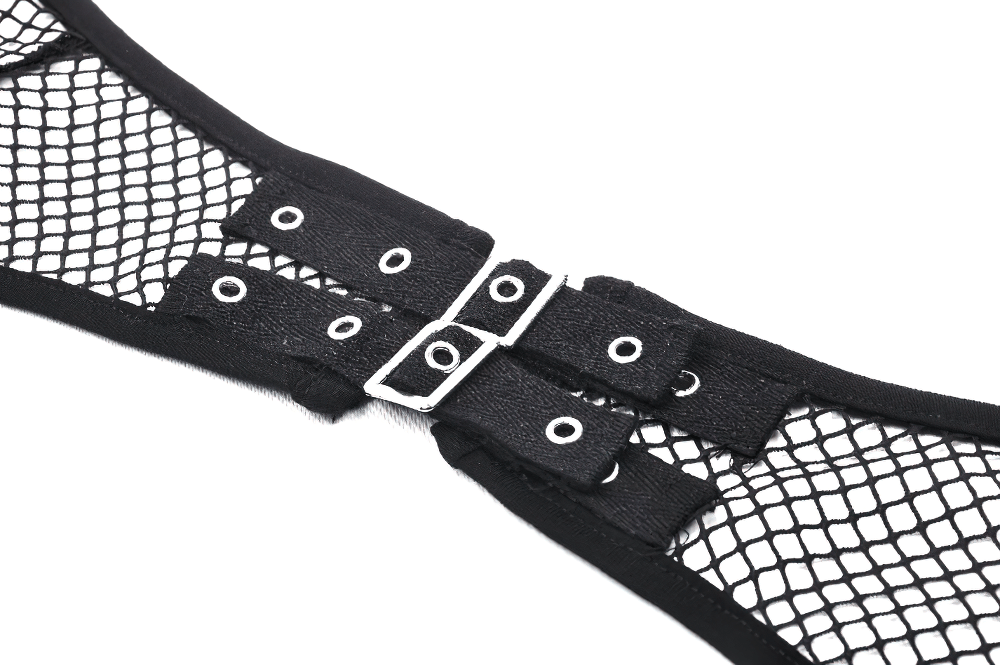 Close-up of a stylish black fishnet top featuring bold buckles for an edgy look, perfect for layering.