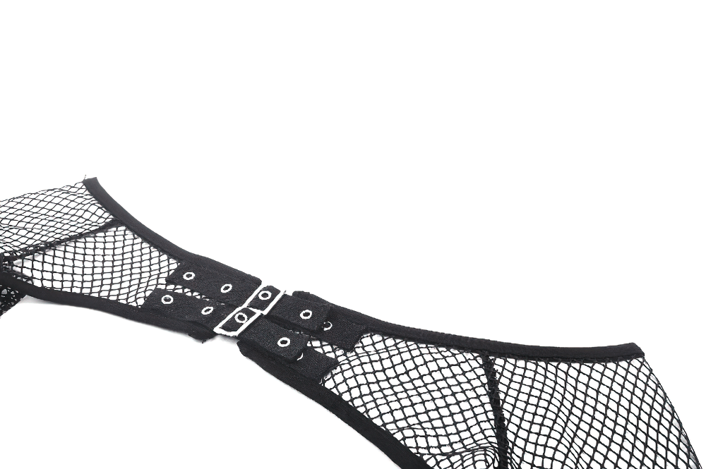 Close-up of a stylish black fishnet top with buckled sleeves for bold fashion statements.