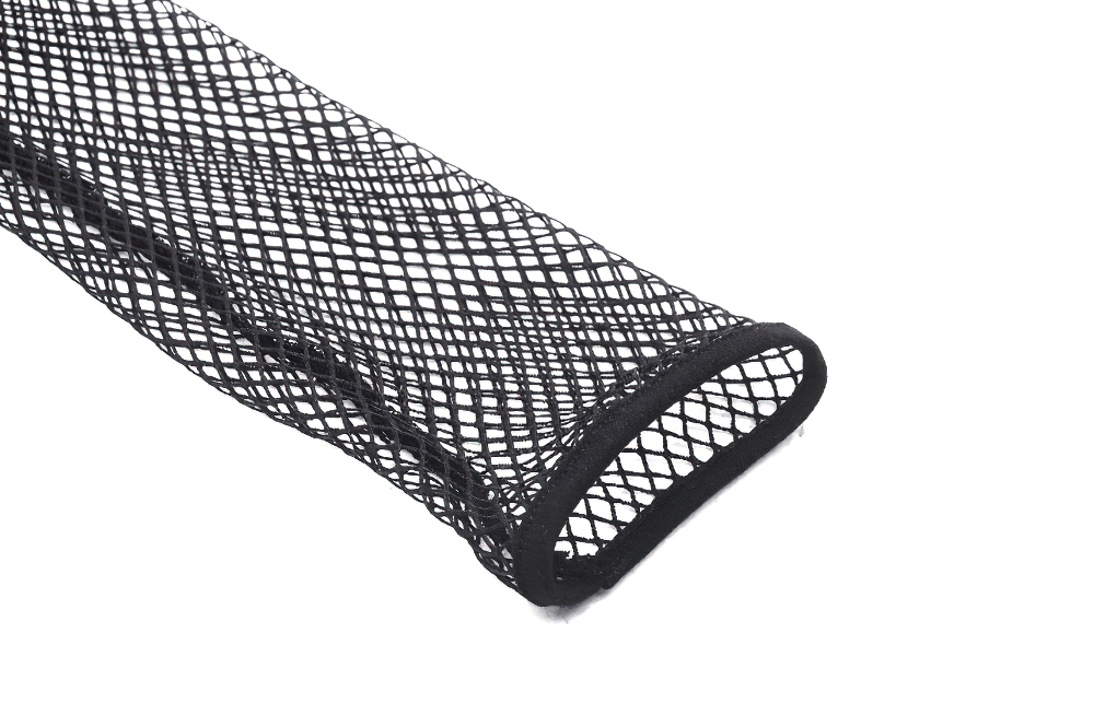 Black long-sleeved fishnet top sleeve with buckles for a trendy, edgy look.