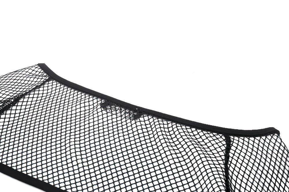 Stylish black long-sleeved fishnet top with buckles for bold fashion statements and edgy layering.