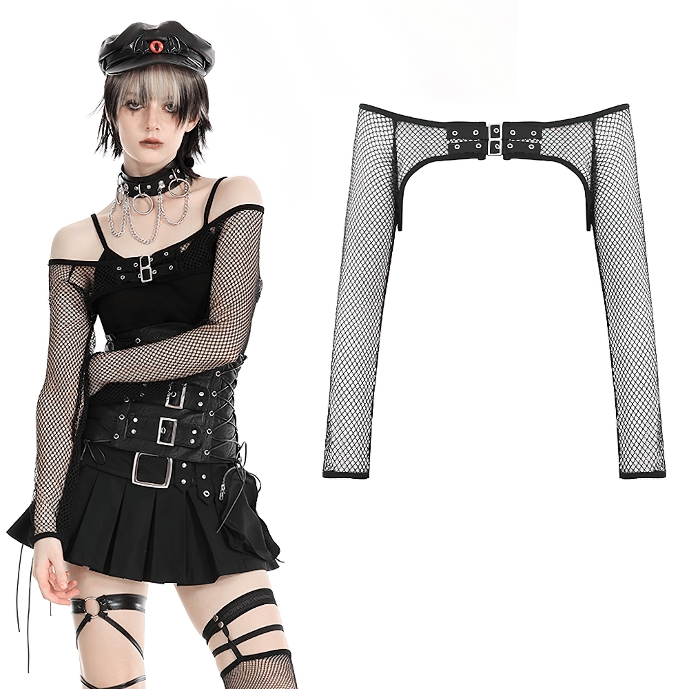 Stylish black fishnet sleeves top with buckles, perfect for edgy outfits and bold fashion statements.