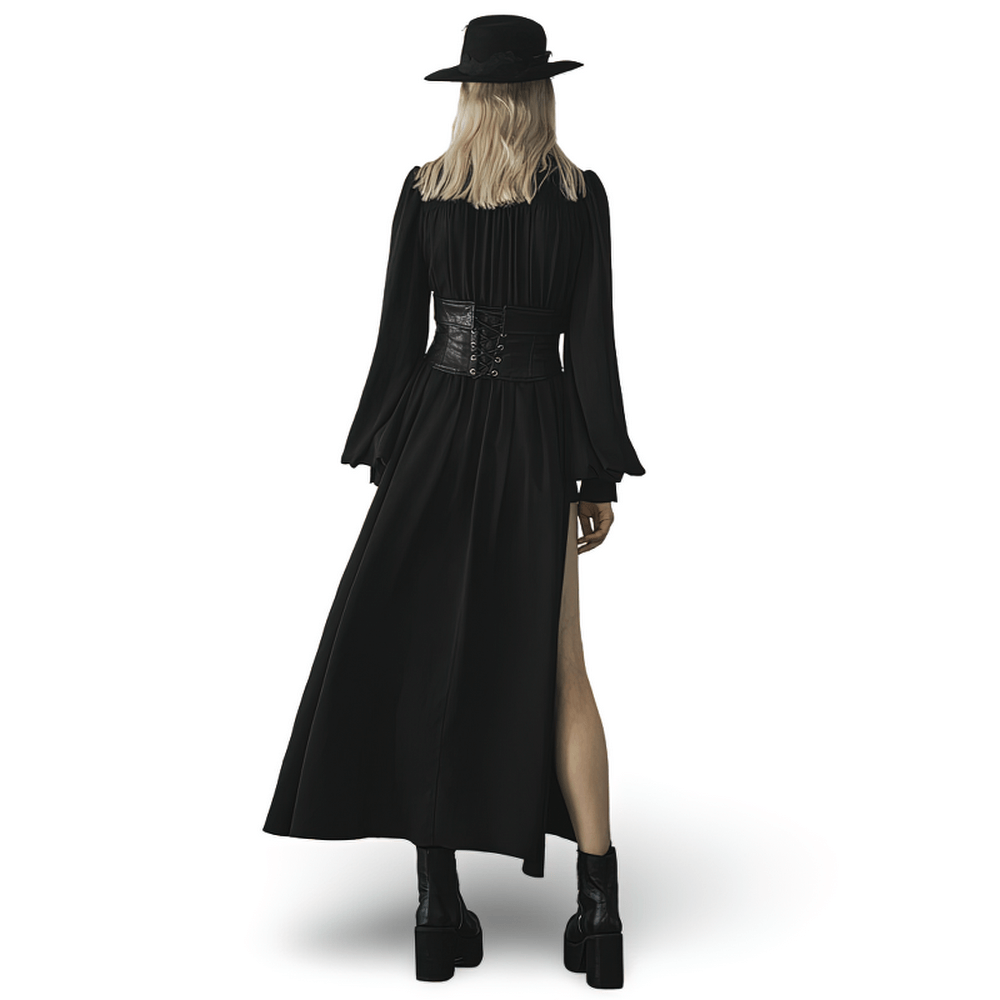 Stylish Black Maxi Dress with Long Sleeves and Chain - HARD'N'HEAVY