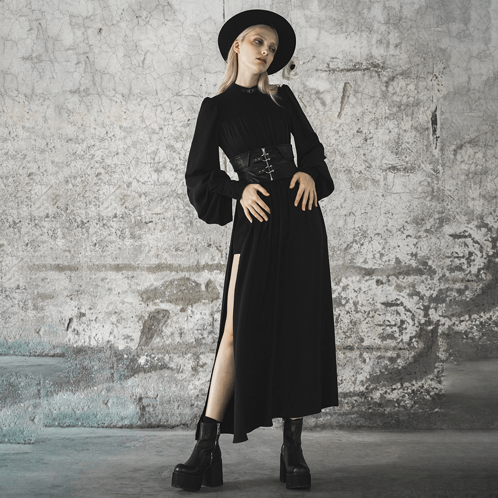 Stylish Black Maxi Dress with Long Sleeves and Chain - HARD'N'HEAVY