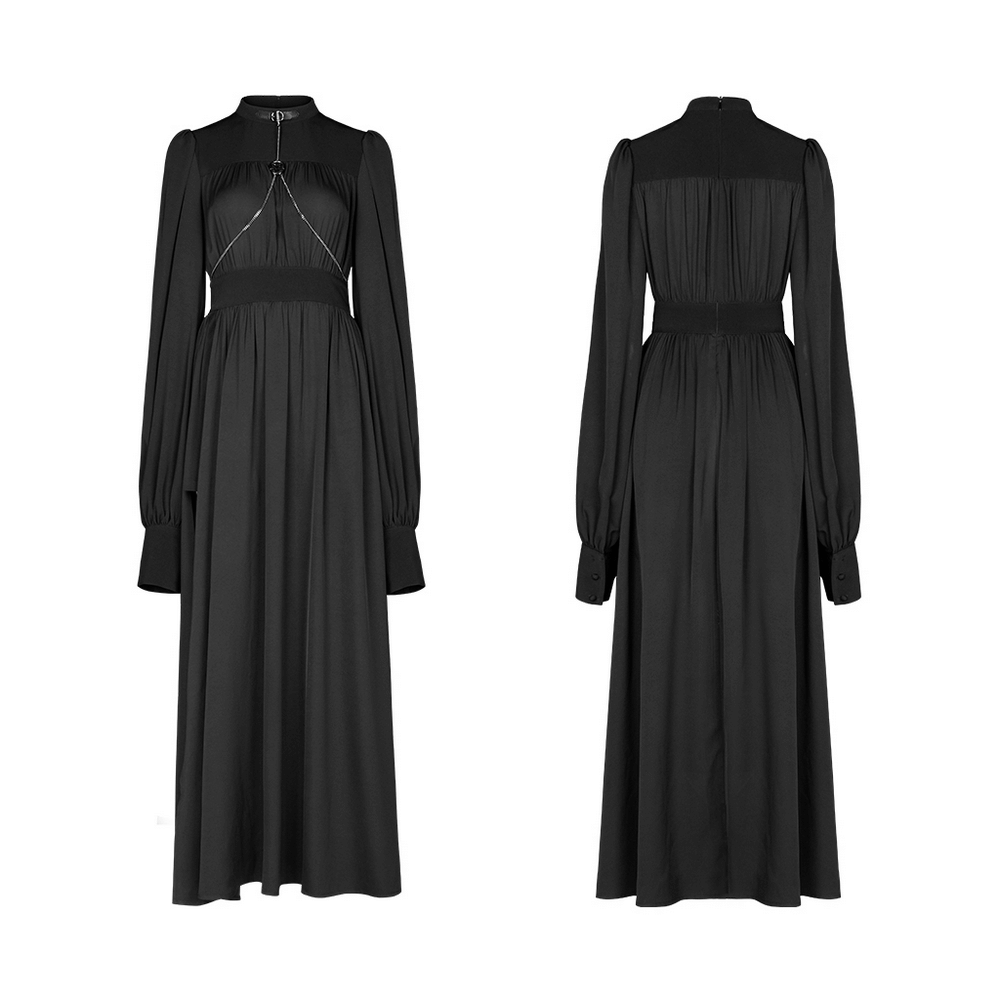 Stylish Black Maxi Dress with Long Sleeves and Chain - HARD'N'HEAVY