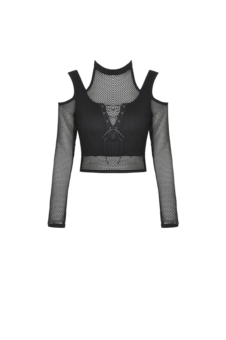 Stylish black mesh crop top with cold shoulder design and fishnet sleeves, perfect for edgy punk fashion.