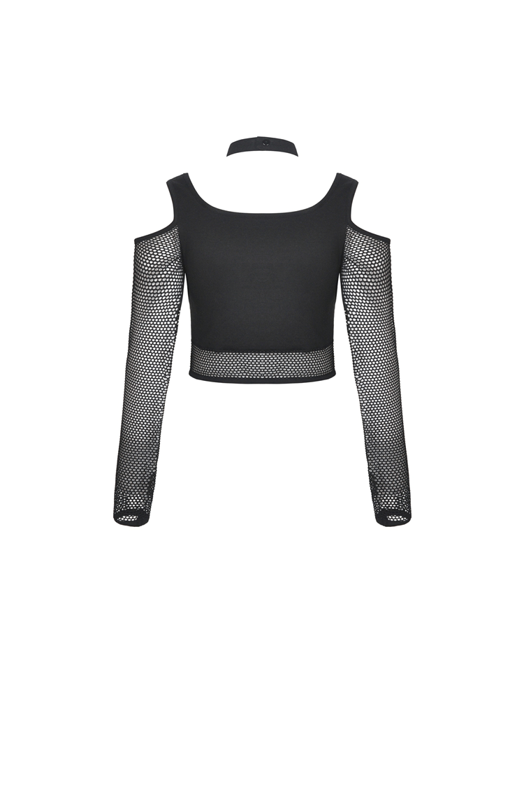 Stylish black mesh crop top with cold shoulder design and edgy fishnet sleeves.