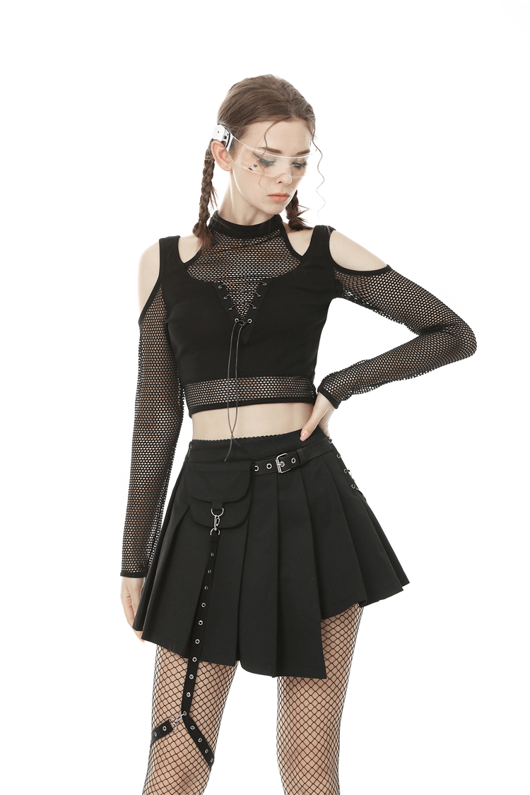 Stylish black mesh crop top with cold shoulder design and fishnet sleeves paired with a punk-inspired black skirt.