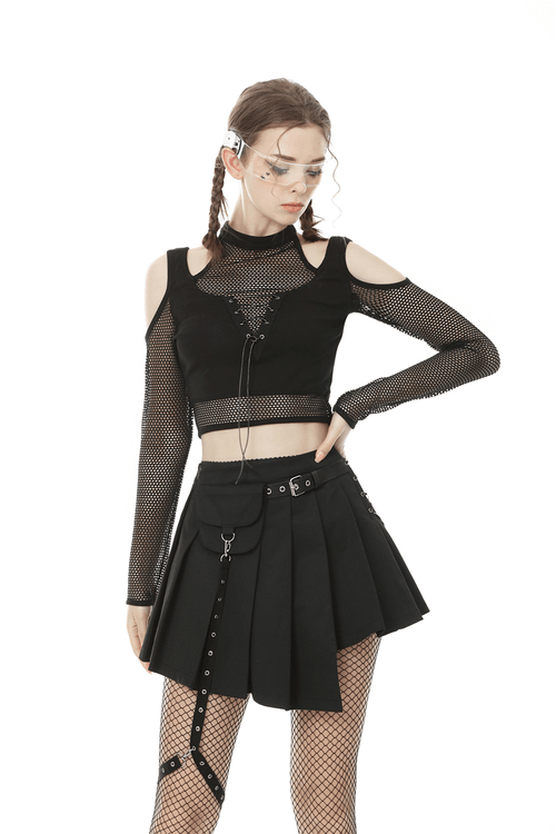 Stylish Black Mesh Crop Top with Cold Shoulder Design