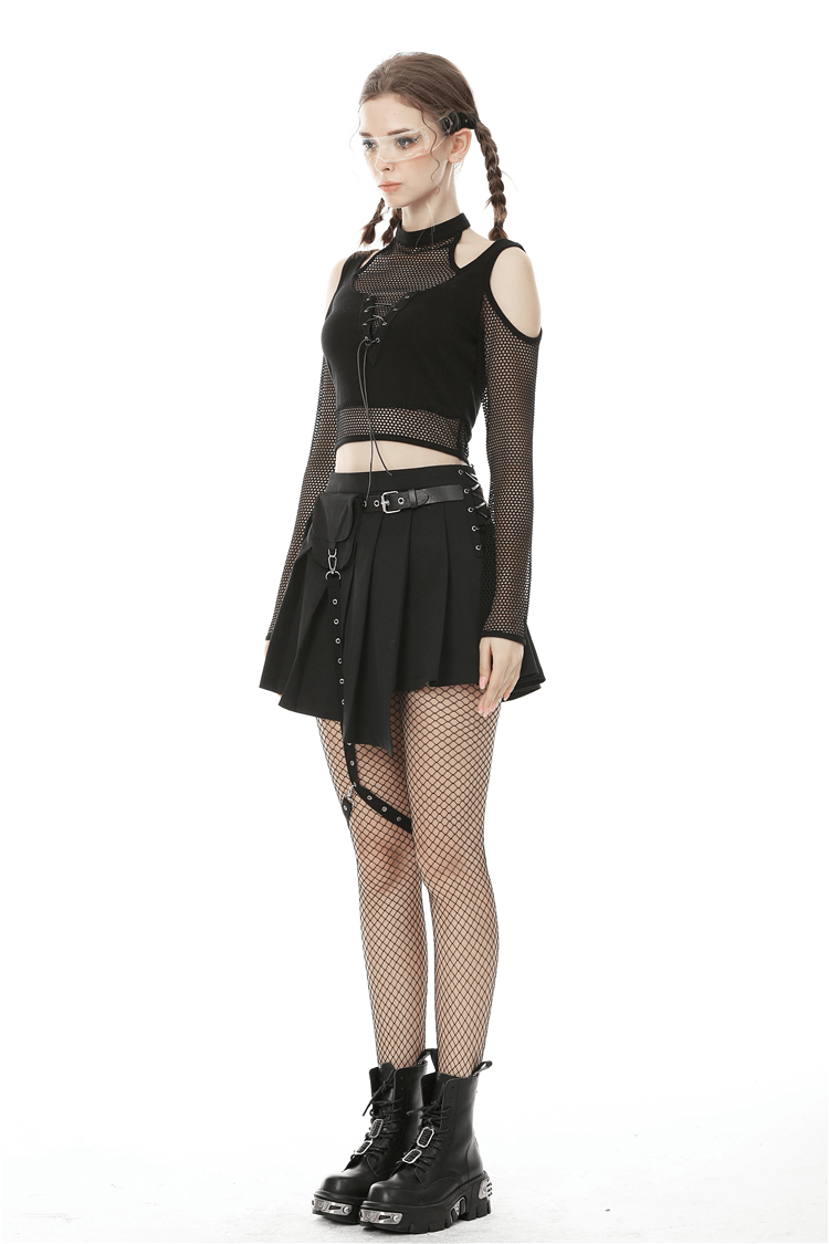 Stylish black mesh crop top with cold shoulder design, paired with a black skirt and fishnet tights, perfect for punk fashion.