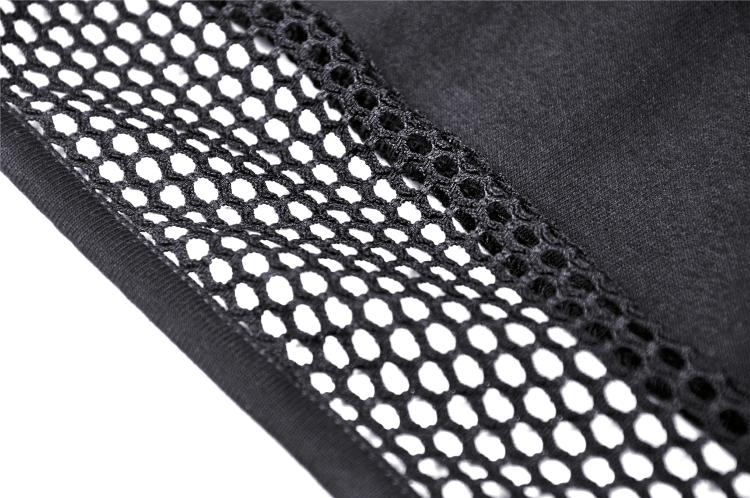 Close-up of stylish black mesh fabric with fishnet detailing, highlighting edgy punk sleeve design.