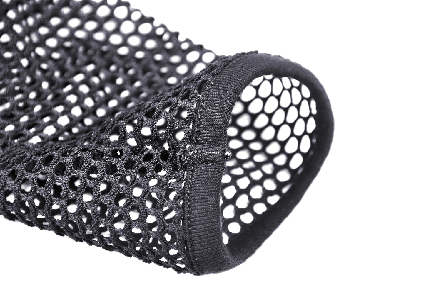 Close-up of black mesh fabric with fishnet texture, perfect for a stylish crop top design.