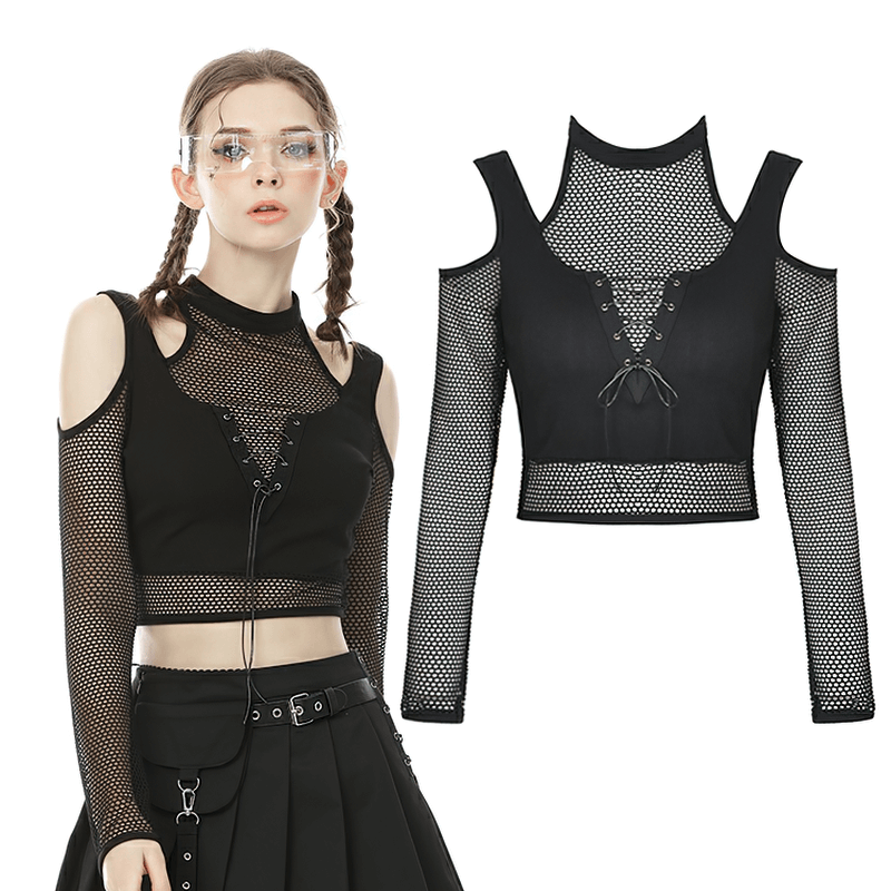 Stylish black mesh crop top with cold shoulder and fishnet sleeves, featuring intricate lace-up detailing.