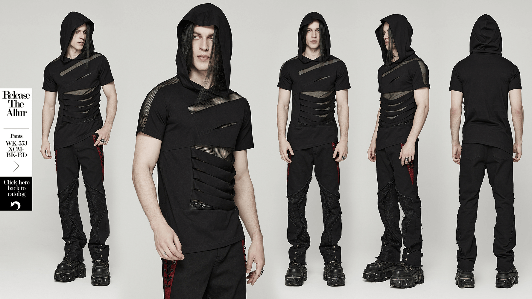 Stylish black mesh spliced punk hooded t-shirt worn by a model, showcasing an edgy and rebellious design.