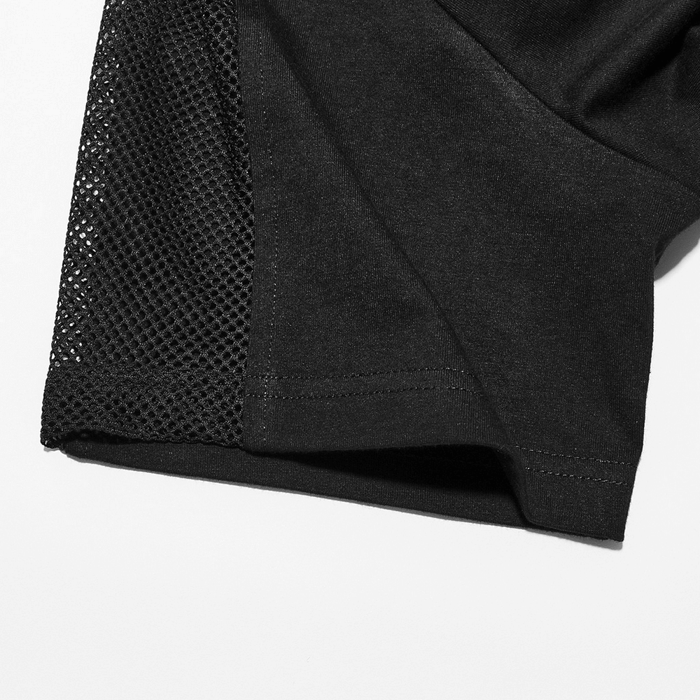 Close-up of stylish black mesh spliced punk hooded t-shirt showcasing edgy design and unique fabric blend.