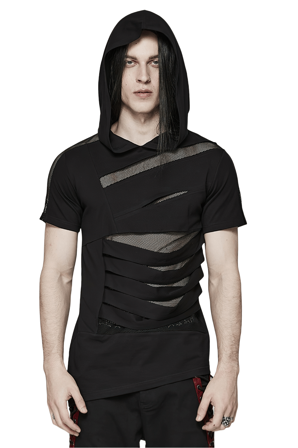 Stylish black mesh spliced punk hooded t-shirt on model, showcasing edgy design and rebellious vibe.