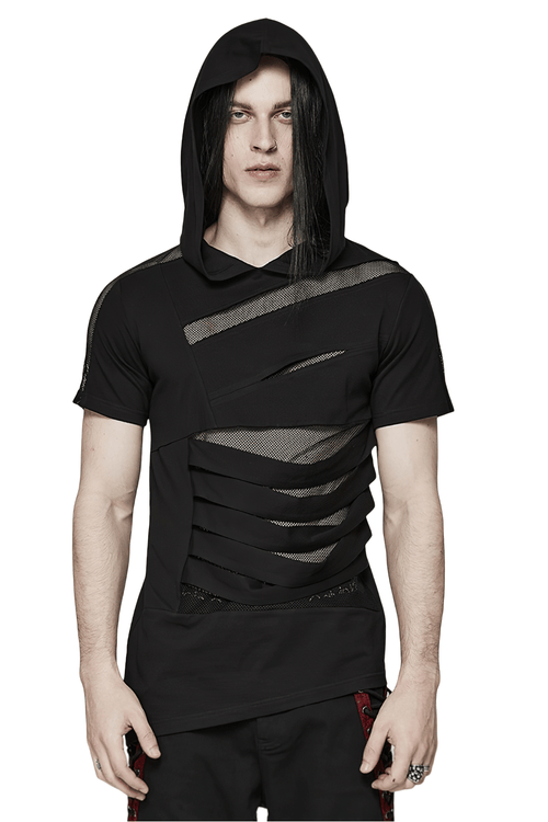 Stylish Black Mesh Spliced Punk Hooded T-Shirt