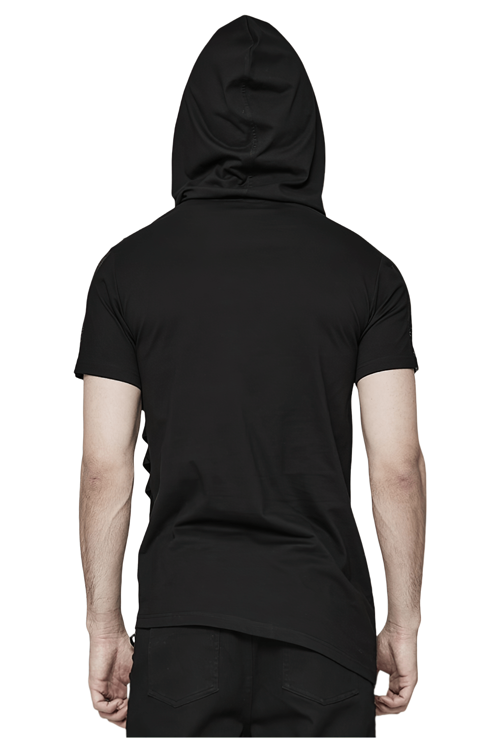 Back view of stylish black mesh spliced punk hooded t-shirt, showcasing its loose fit and edgy design.