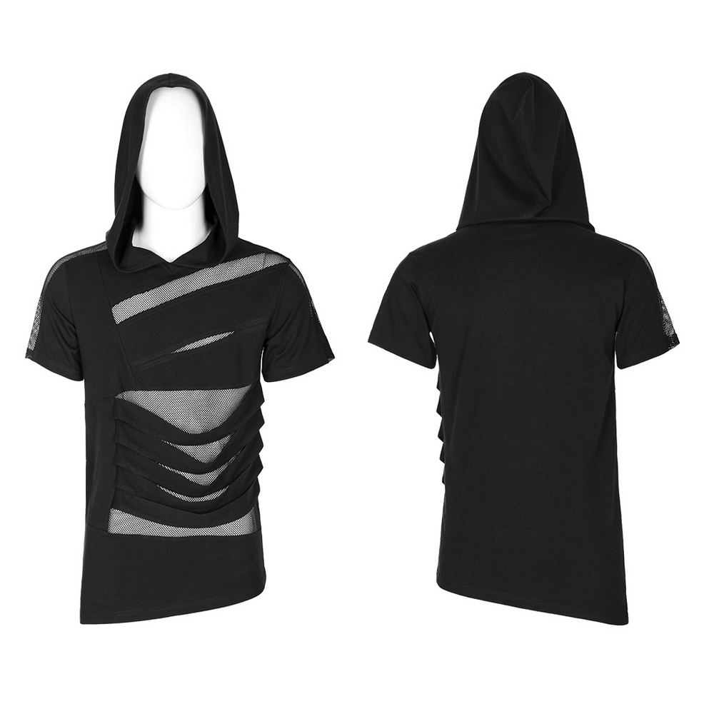 Stylish black mesh spliced punk hooded t-shirt showcasing edgy design and rebellious flair from front and back views.