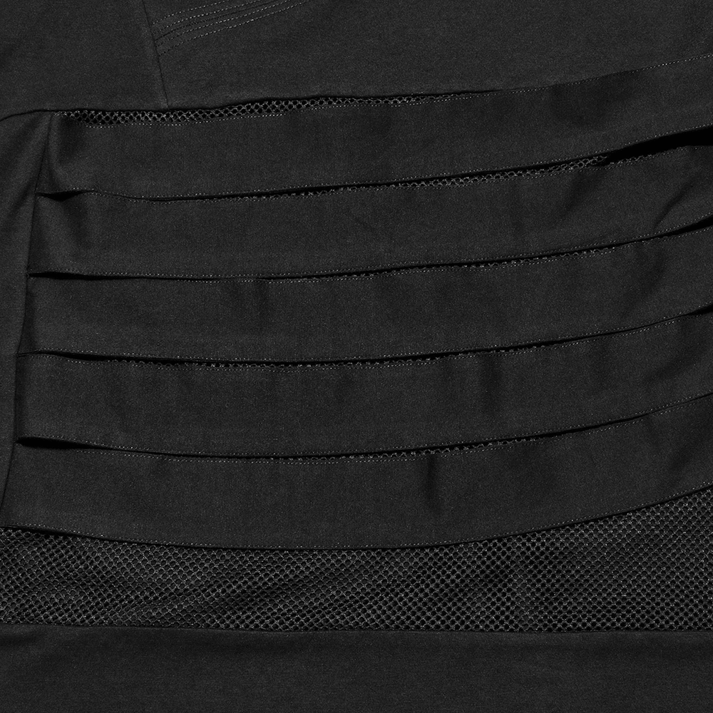 Close-up of stylish black mesh spliced punk hooded t-shirt showcasing unique fabric layering and edgy design details.