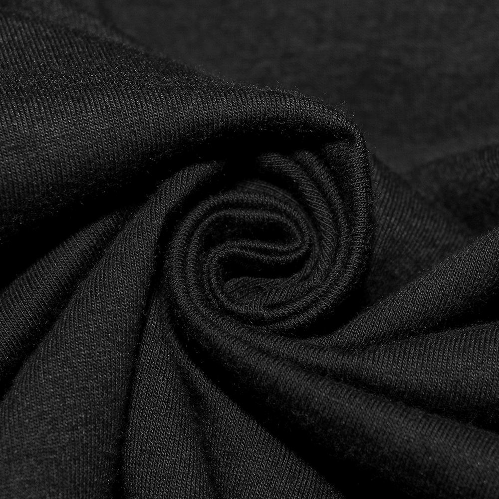 Close-up of stylish black stretch knit fabric, showcasing its soft texture and flexibility for a punk hooded t-shirt.