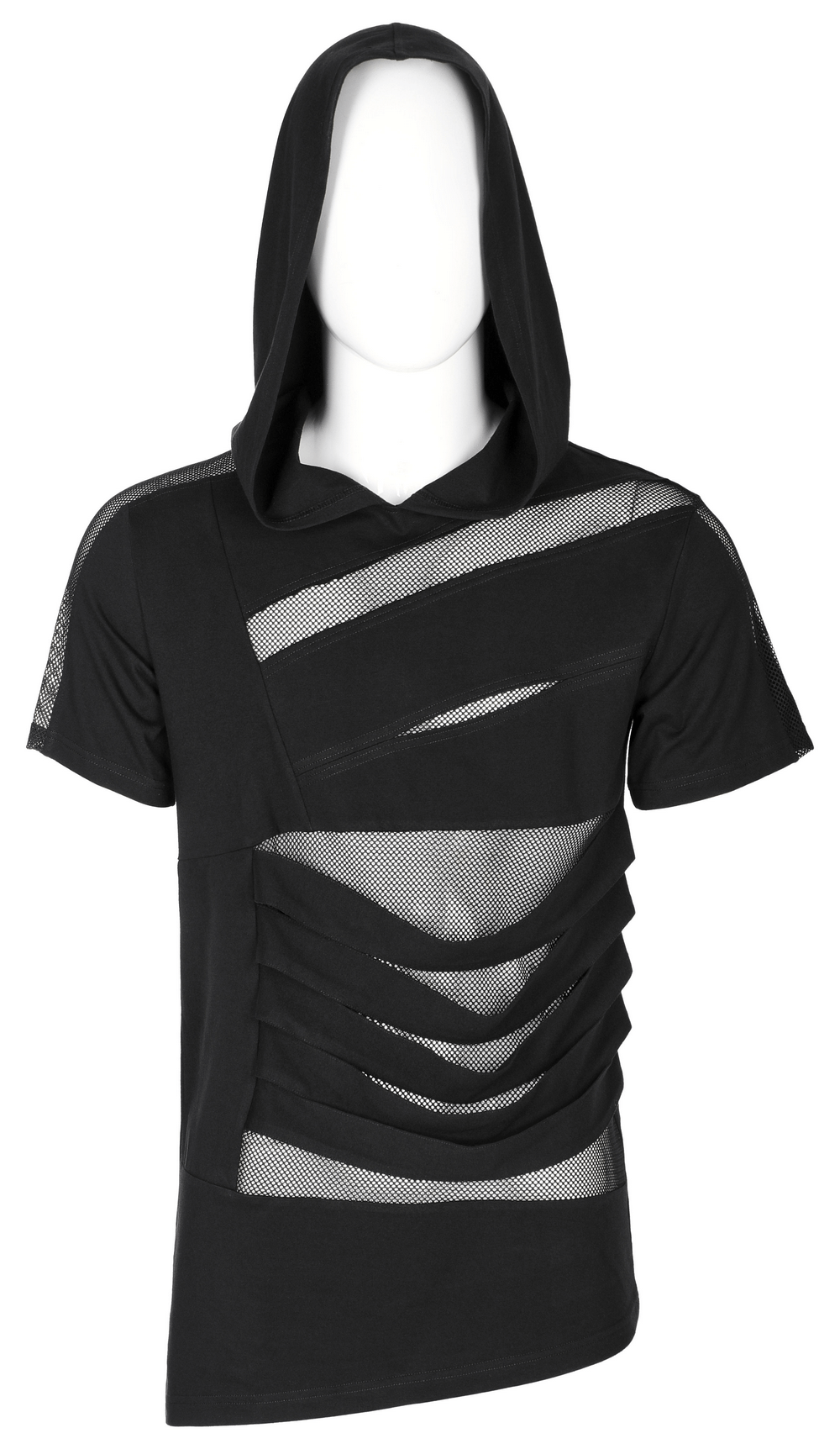 Stylish black mesh spliced punk hooded t-shirt with edgy design and loose fit. Perfect for channeling your inner rebel.