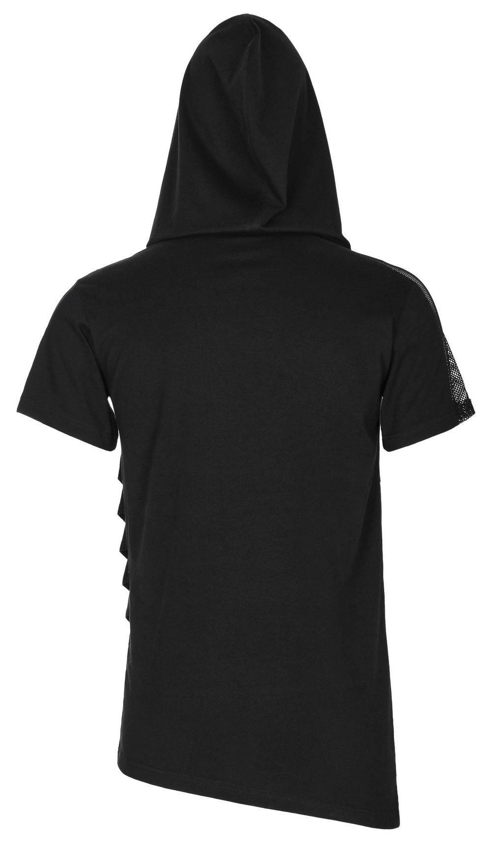 Back view of a stylish black mesh spliced punk hooded t-shirt with creative design and edgy look.