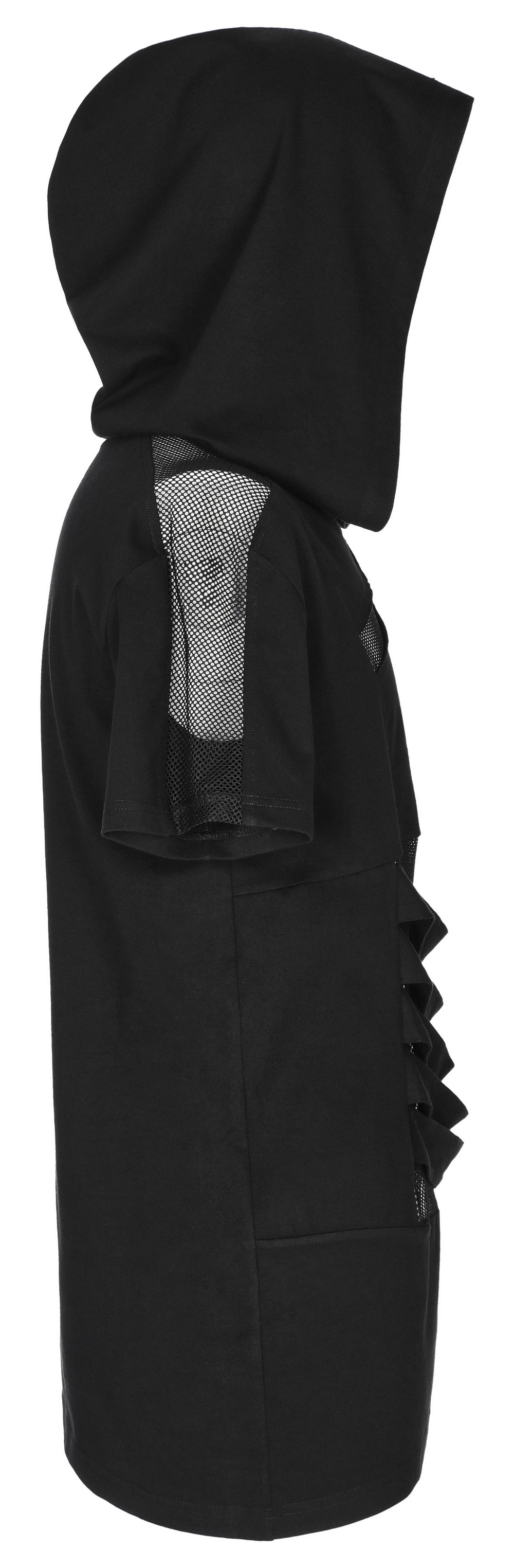 Stylish black mesh spliced punk hooded T-shirt showcasing edgy design and loose fit from the side.