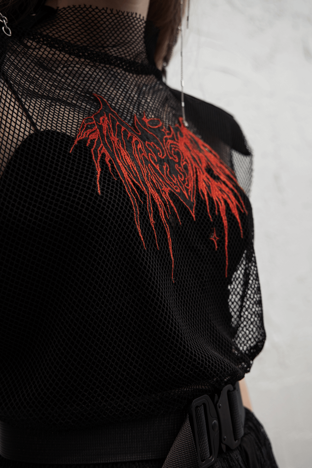 Stylish Black Mesh Top with Red Dragon Embroidery