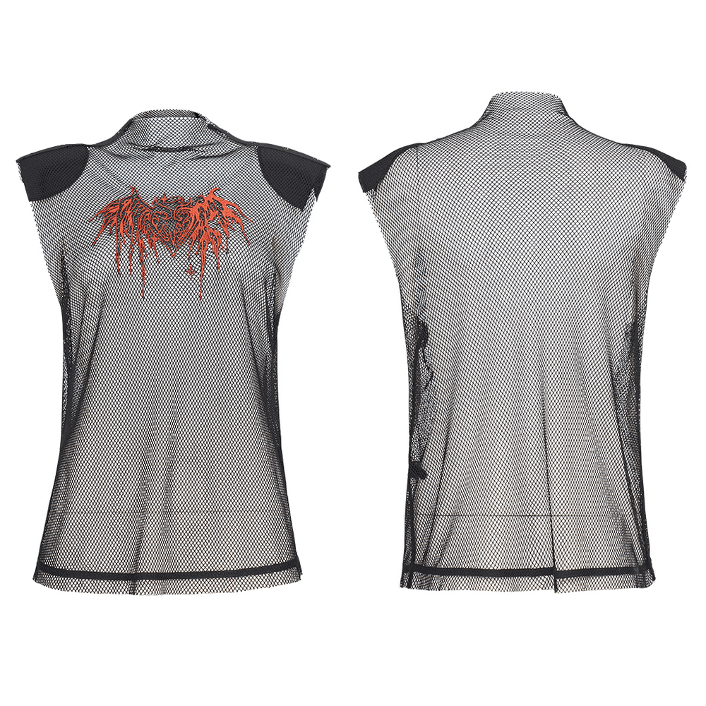 Stylish Black Mesh Top with Red Dragon Embroidery