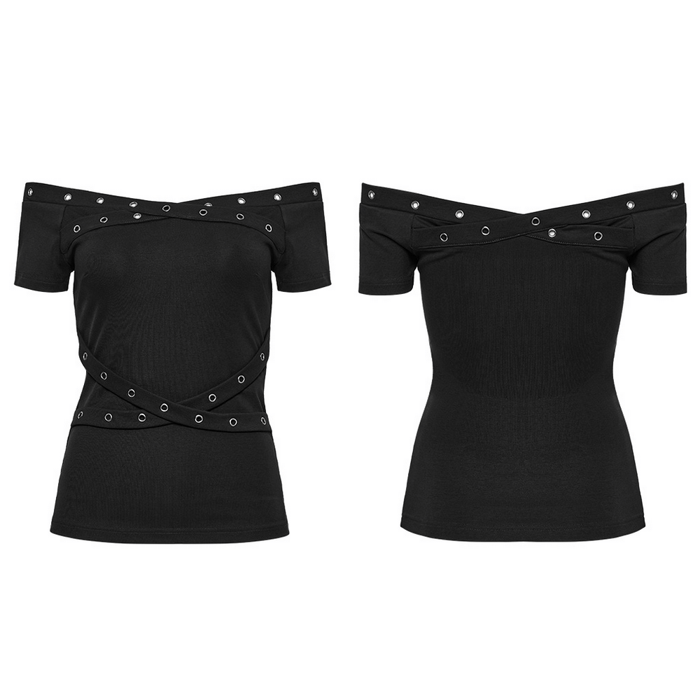 Stylish black off-shoulder T-shirt with eyelet details, featuring a seductive design and unique accents.