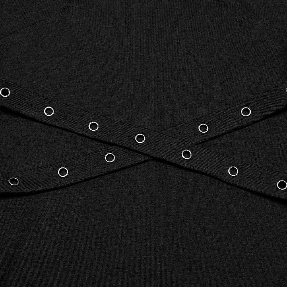 Close-up of stylish black off-shoulder t-shirt with eyelet details and unique cross loops.