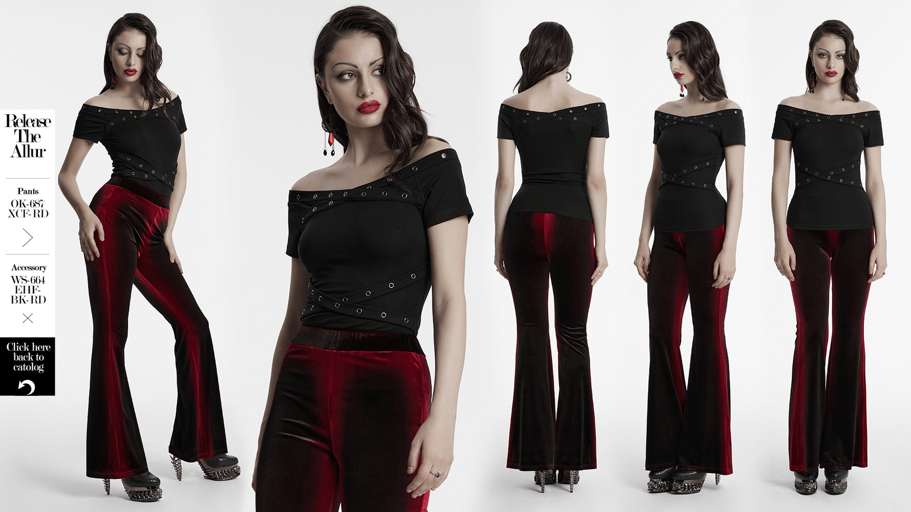 Chic goth off-shoulder black T-shirt with eyelet details paired with red velvet flared pants.