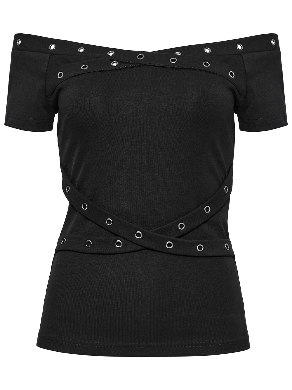 Stylish black off-shoulder T-shirt with eyelet details and crossover design, perfect for a goth-inspired look.