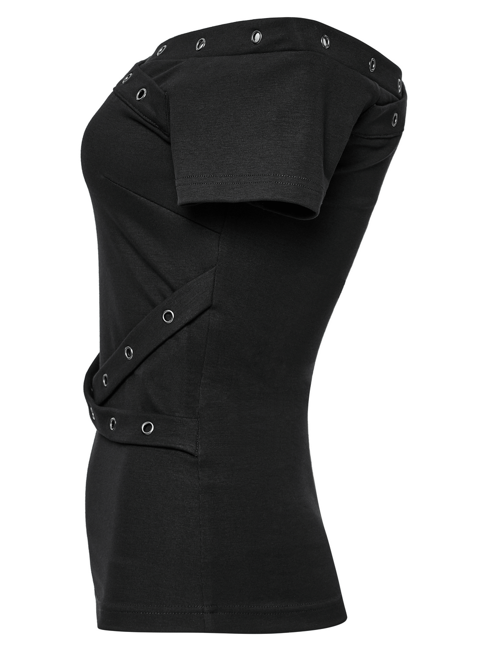 Stylish black off-shoulder T-shirt with eyelet details, featuring a unique design and a flattering fit.